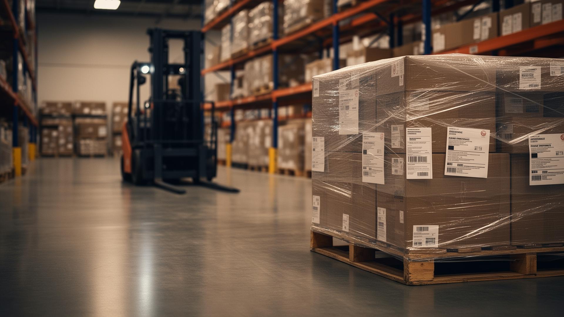 Wrapped pallet of FBA-bound cartons with compliance labels in a Los Angeles prep warehouse