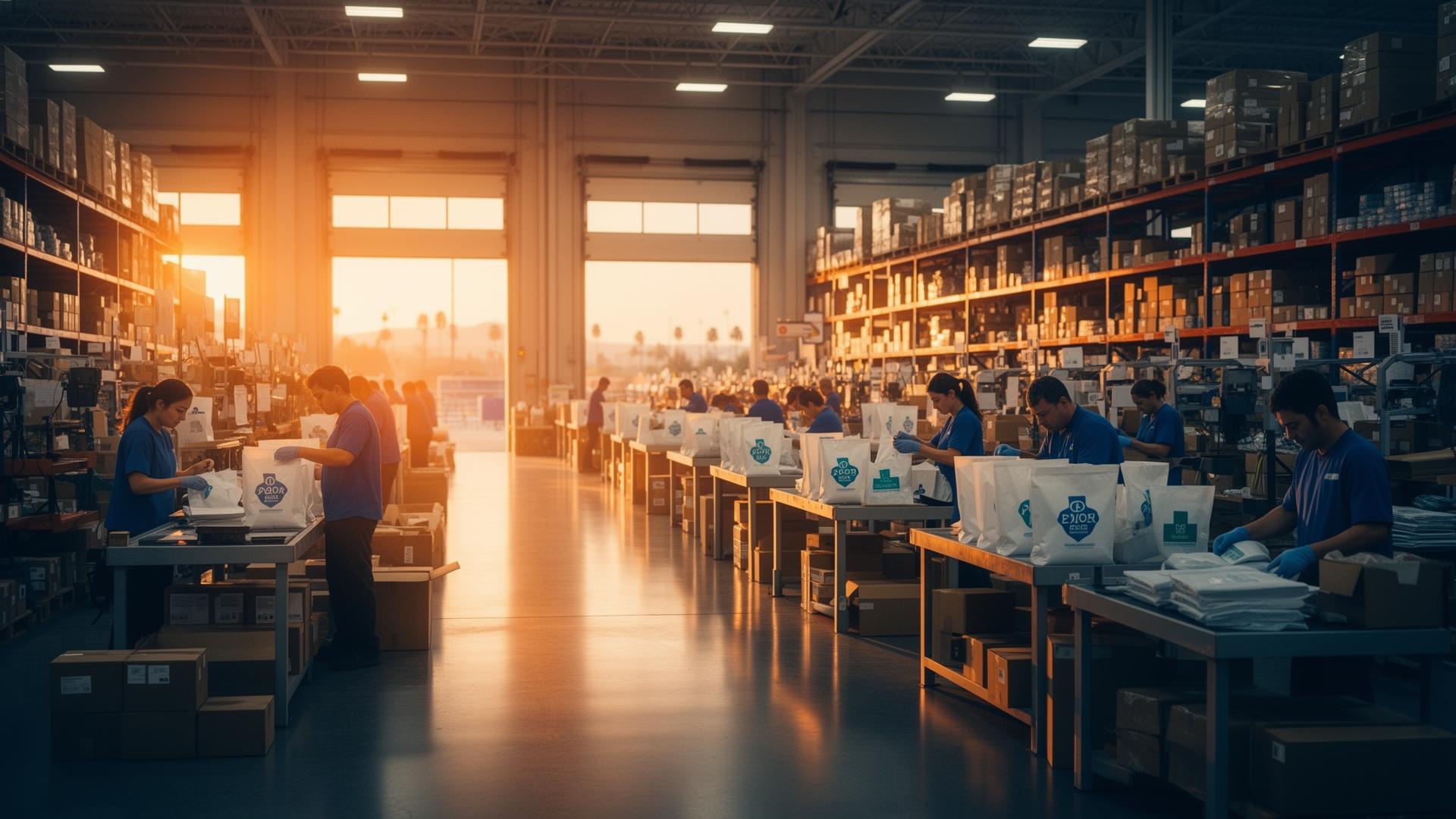 Westfield Prep Center Los Angeles fulfillment warehouse with packers preparing branded Shopify orders at golden hour