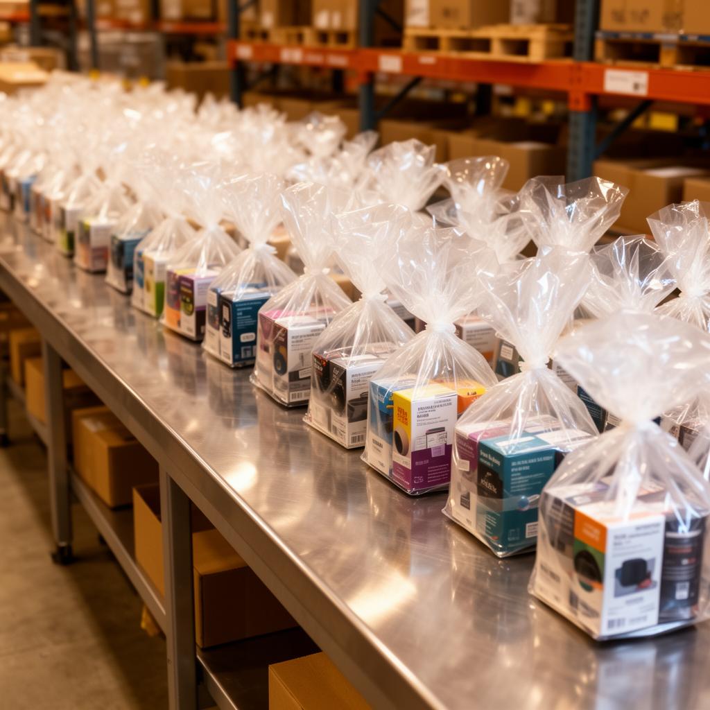 Polybagged products on stainless steel prep table