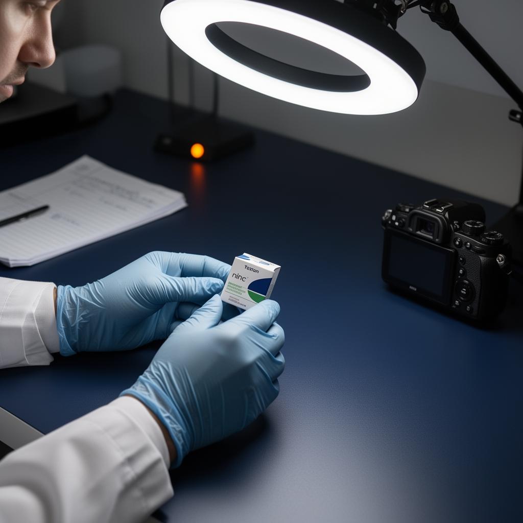 Quality control bench inspecting product under ring light