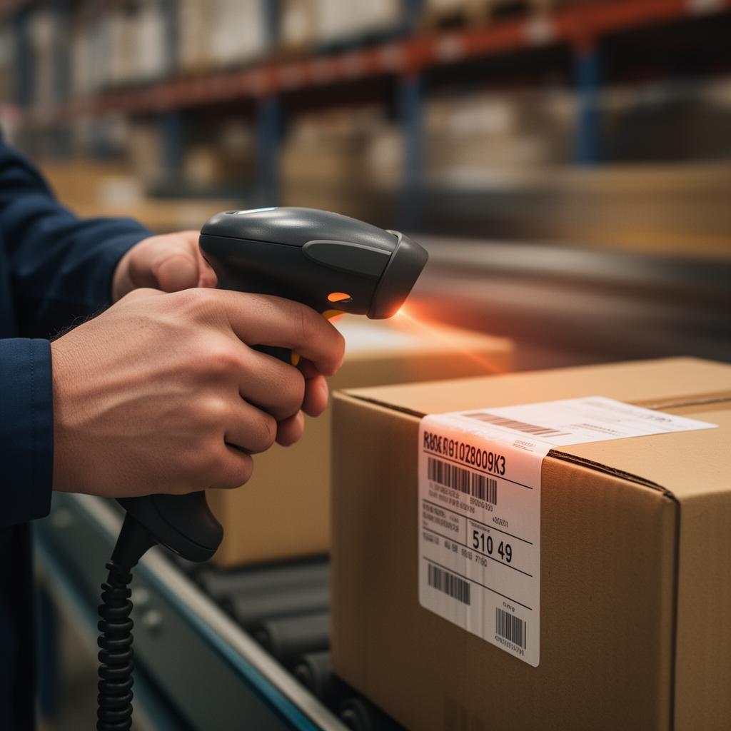 Worker scanning a shipping label with handheld barcode scanner