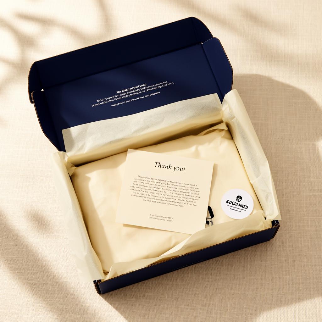 Premium navy mailer box with cream tissue paper and thank-you card