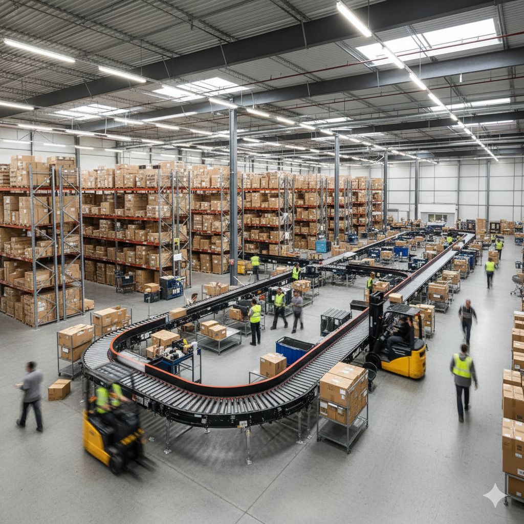 Modern 3PL warehouse with automated conveyor systems processing Shopify orders at scale