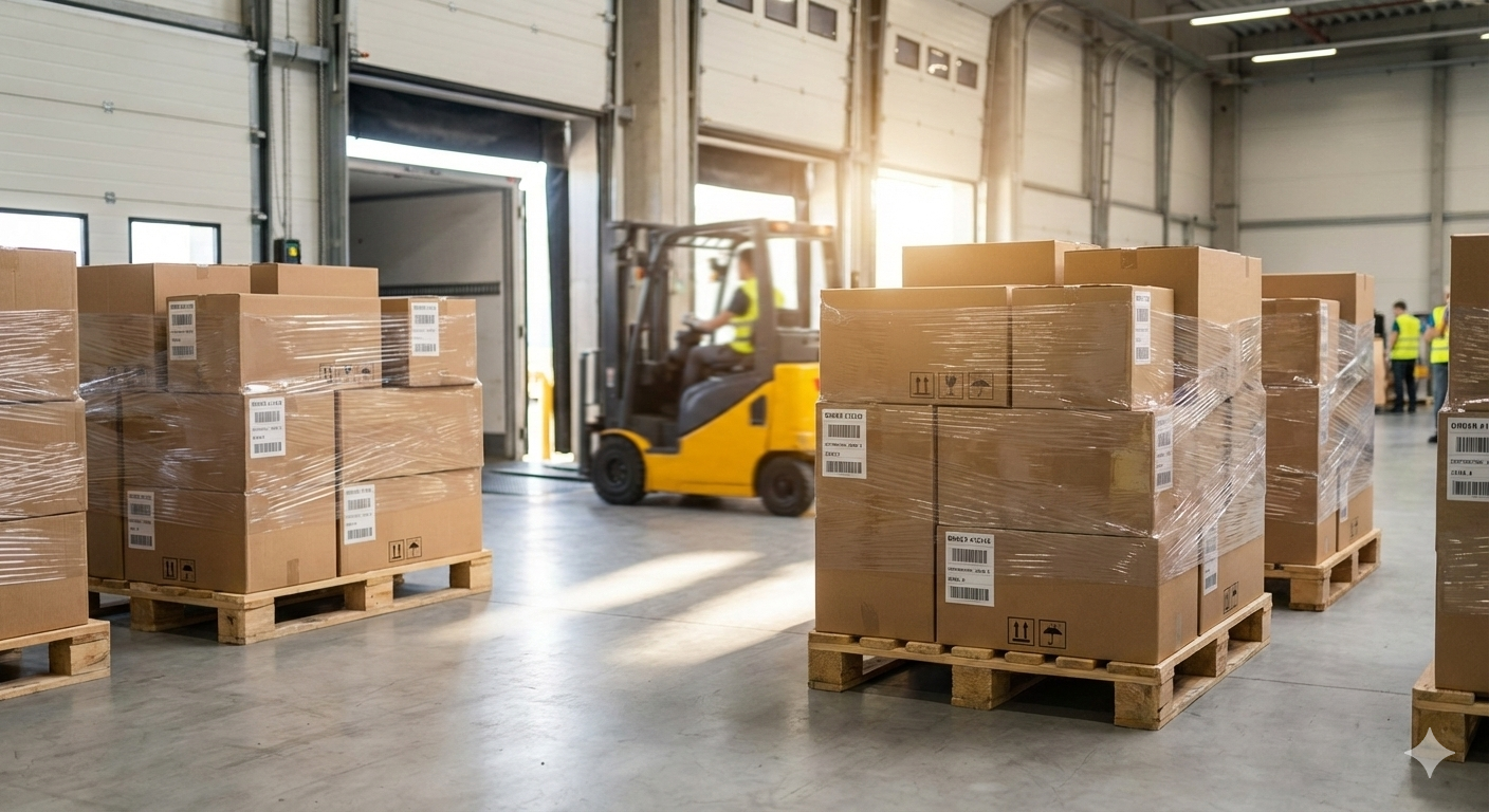 Palletized shipments ready for carrier pickup at Los Angeles 3PL shipping dock