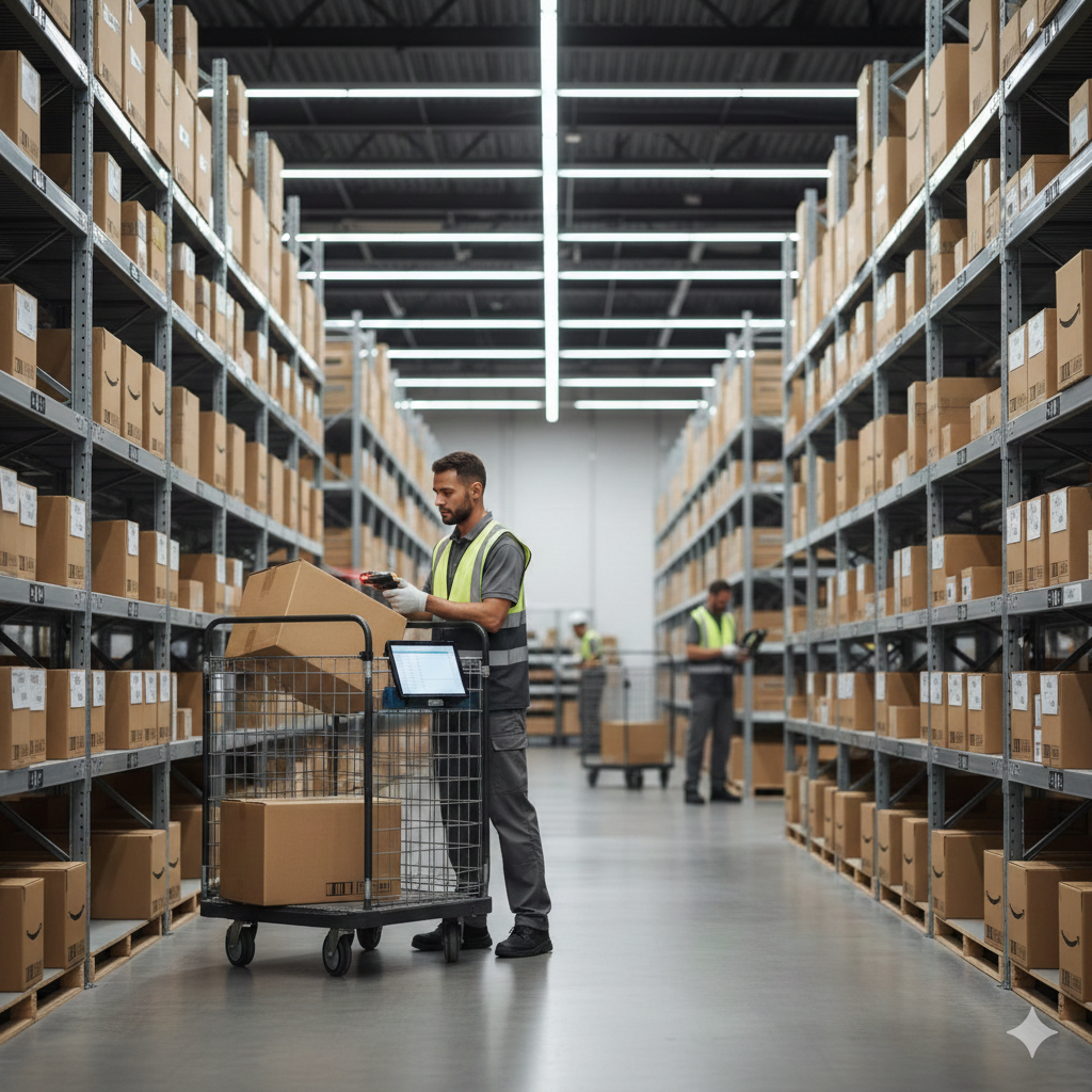Warehouse associate scanning and picking Shopify orders using mobile technology in organized fulfillment center